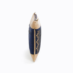 Natural and dark-blue cork fabric cross-body bag with Portuguese tile cut-outs, side view
