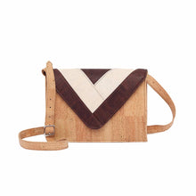 Load image into Gallery viewer, Cork leather envelope crossbody bag with geometric motif in white and brown on the flap, front