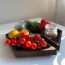 Load image into Gallery viewer, Decorative smoked cork bowl divided in two with fruits and veggies