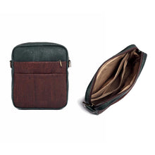 Load image into Gallery viewer, Green and brown cork crossbody bag for men, frontal compartments and internal view