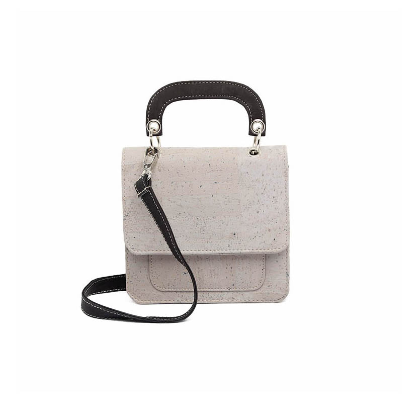 Grey and Black Mini Cork Handbag with Top Handle and Crossbody Strap Front View