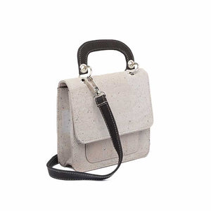 Grey and Black Mini Cork Handbag with Top Handle and Crossbody Strap Side View
