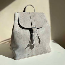 Load image into Gallery viewer, Grey cork drawstring backpack with folding top in natural light