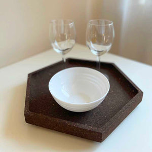 Smoked Cork Hexagonal Fruit Bowl / Tray with a bowl and two glasses