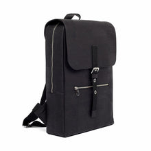 Load image into Gallery viewer, Large black vegan cork leather backpack with folding top, side view