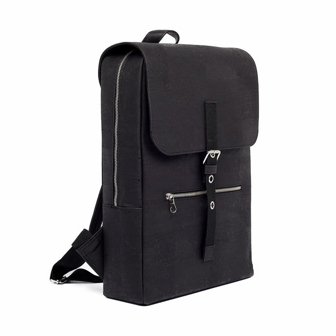 Large black vegan cork leather backpack with folding top, side view