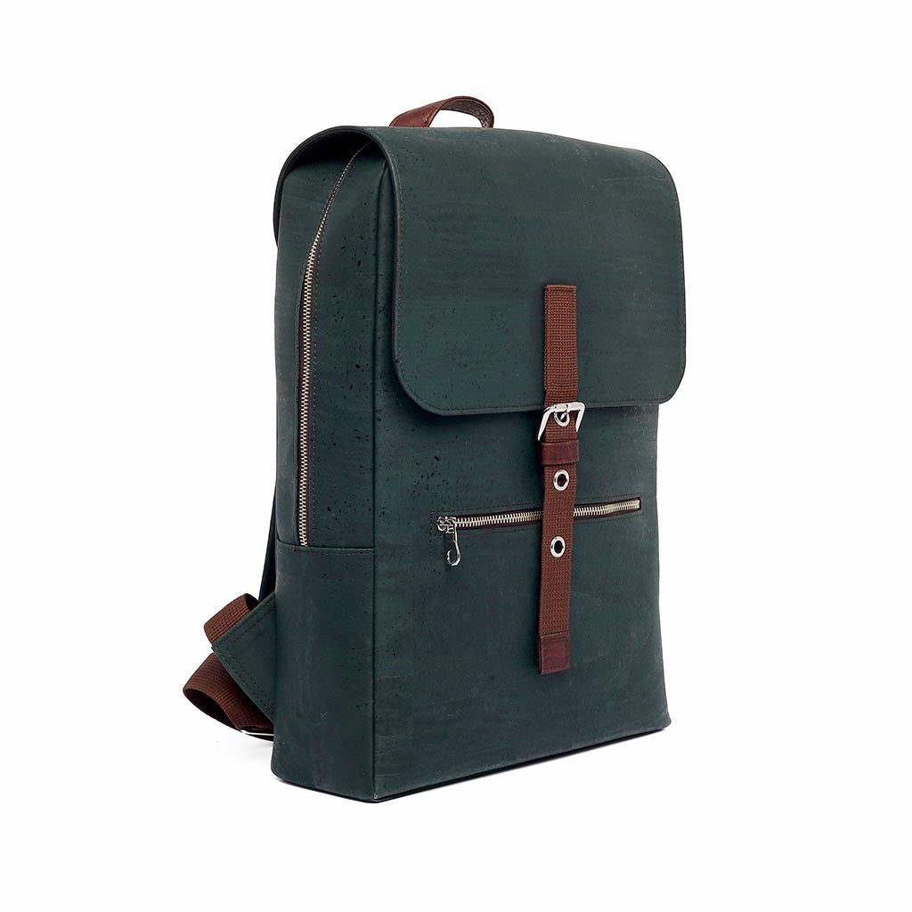 Large green and brown vegan cork leather backpack with folding top, side view