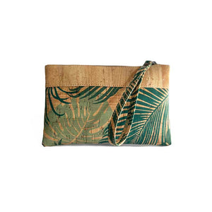 Natural cork zipper purse with wrist strap and leaves print