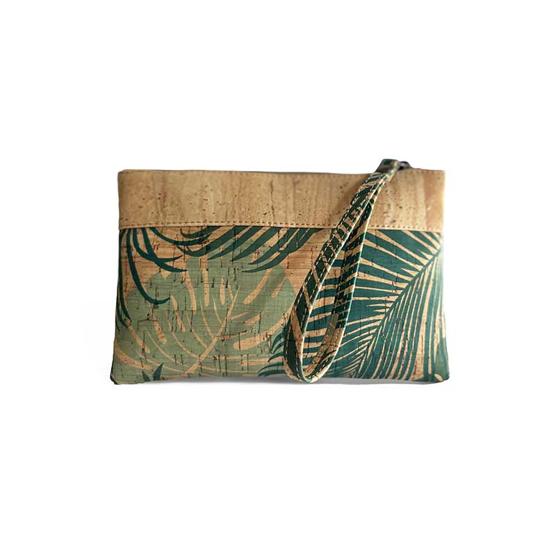 Natural cork zipper purse with wrist strap and leaves print