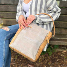Load image into Gallery viewer, Model opens a natural and grey cork tote handbag