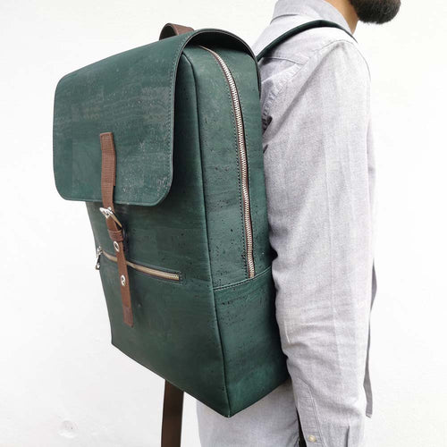 Model Wearing a Large Green and Brown Cork Leather Backpack