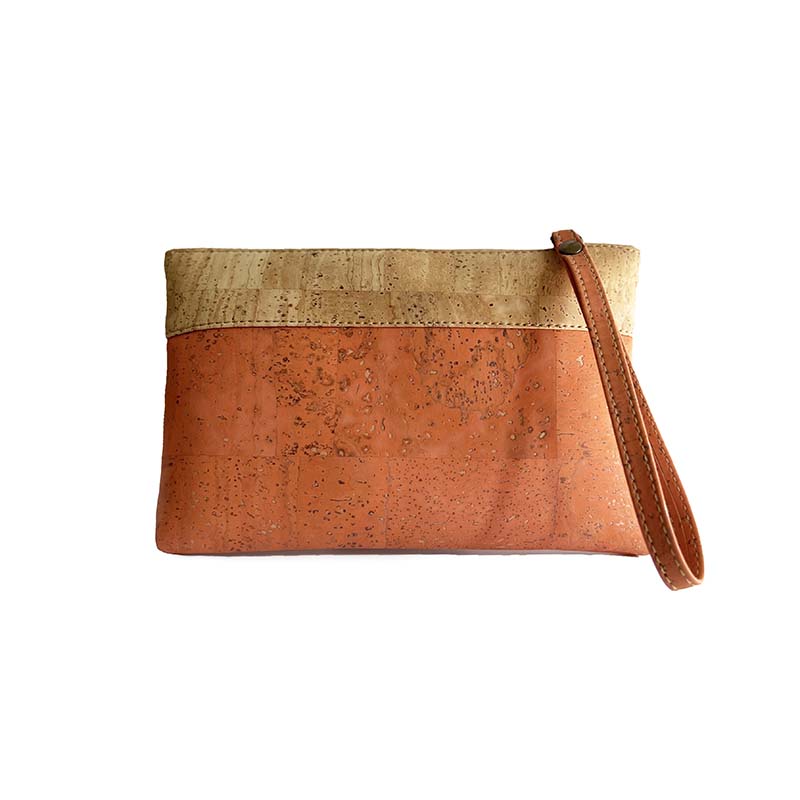 Natural and brick orange cork zipper purse with wrist strap