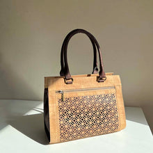 Load image into Gallery viewer, Natural and brown cork fabric handbag with Portuguese tile cut-outs in the sun