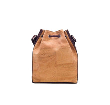 Load image into Gallery viewer, Natural and brown tinted cork fabric bucket bag with drawstring, back view