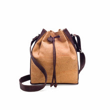 Load image into Gallery viewer, Natural and brown tinted cork fabric bucket bag with drawstring front view