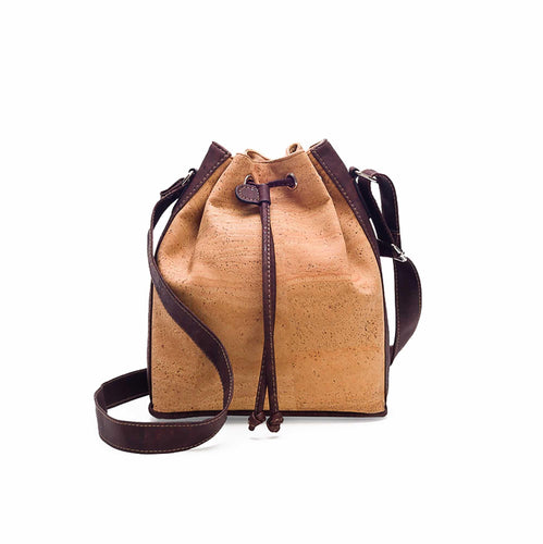 Natural and brown tinted cork fabric bucket bag with drawstring front view