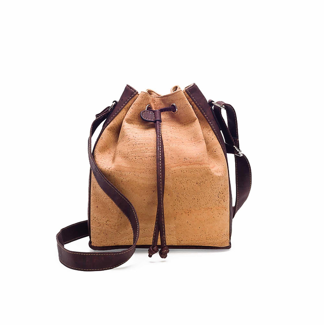 Natural and brown tinted cork fabric bucket bag with drawstring front view