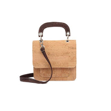 Load image into Gallery viewer, Natural and Brown Mini Cork Handbag with Top Handle and Crossbody Strap Front View