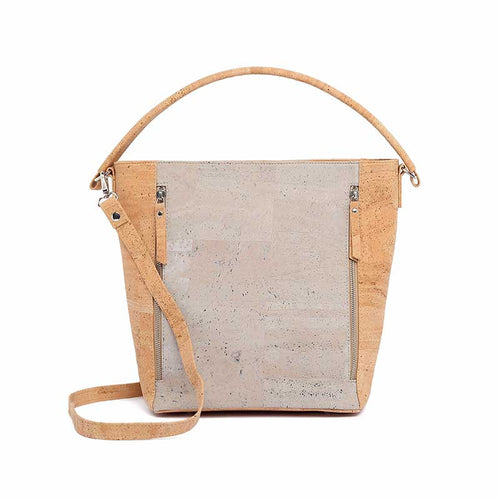 Natural and grey cork tote handbag with crossbody strap