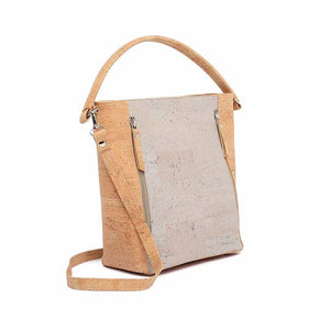 Natural and grey cork tote handbag with crossbody strap, side view