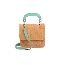 Load image into Gallery viewer, Natural and Mint Green Mini Cork Handbag with Top Handle and Crossbody Strap Front View