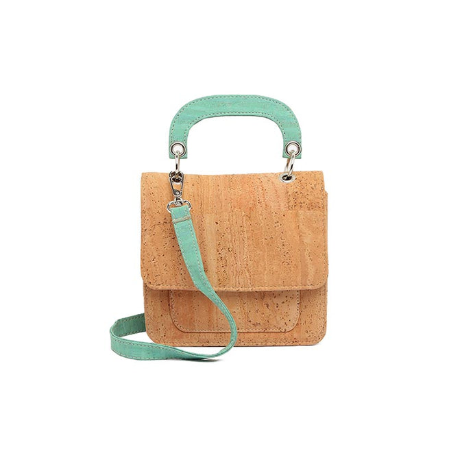 Natural and Mint Green Mini Cork Handbag with Top Handle and Crossbody Strap Front View