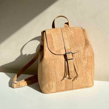 Load image into Gallery viewer, natural cork drawstring backpack with folding top in natural light