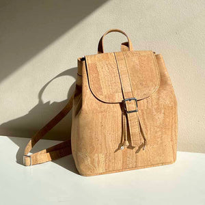 natural cork drawstring backpack with folding top in natural light