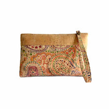 Load image into Gallery viewer, Natural cork with a mandala print zipper purse with wrist strap