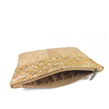 Load image into Gallery viewer, Cork Fabric Purse - Natural, white and gold - open zipper detail