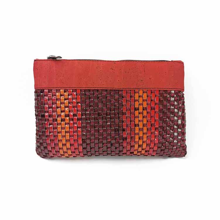 Red purple and orange cork fabric and Eco-fabric purse with zipper for women, front view