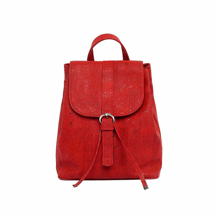 red cork drawstring backpack with folding top