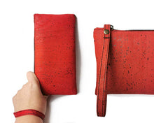 Load image into Gallery viewer, Red cork wrist wallet for women being worn and detail