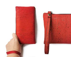 Red cork wrist wallet for women being worn and detail