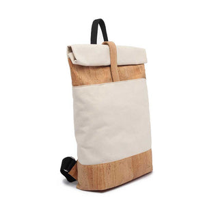 Natural cork and canvas roll top backpack, side view